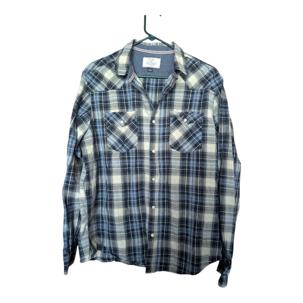 Flag & Anthem Long Sleeve Western‎ Blue Plaid Pearl Snap Shirt Sz LG $59